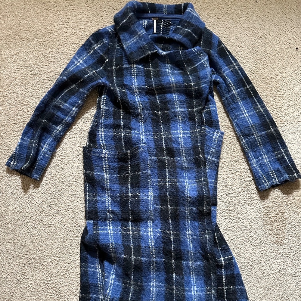Free People Blue & black plaid duster coat